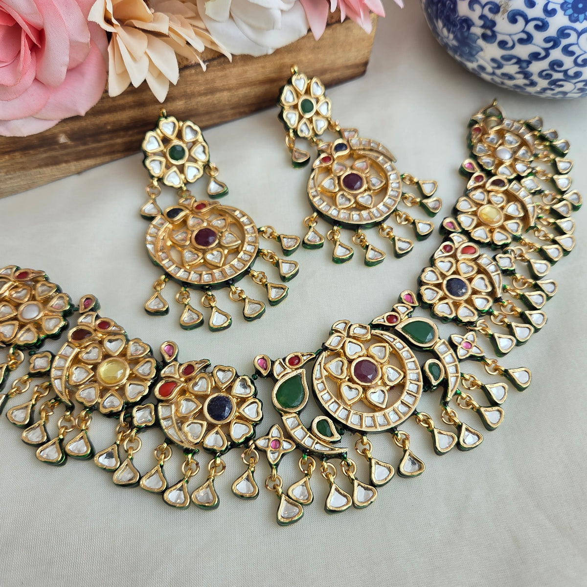Peacock navratna necklace set