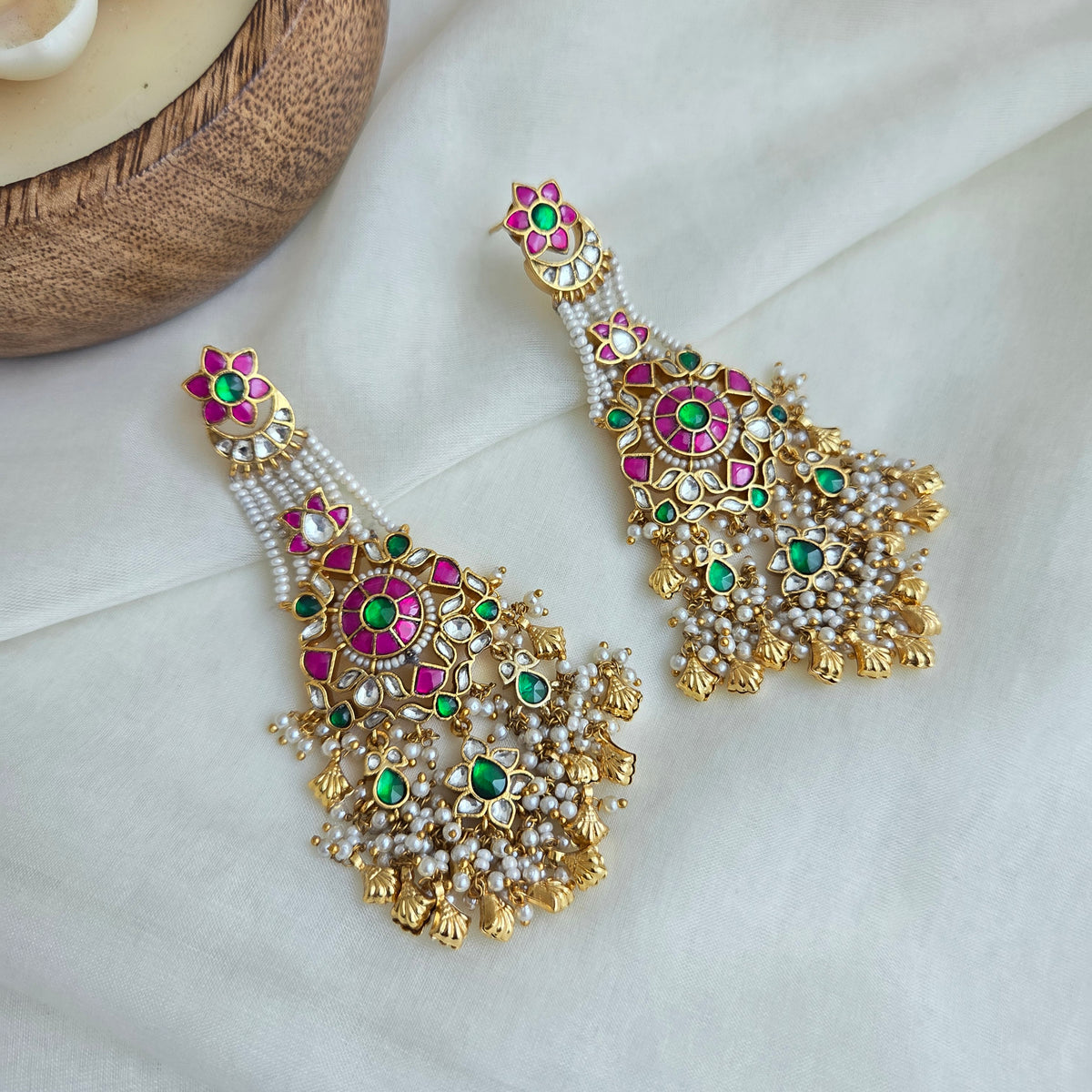 Pink and golden dangler earrings