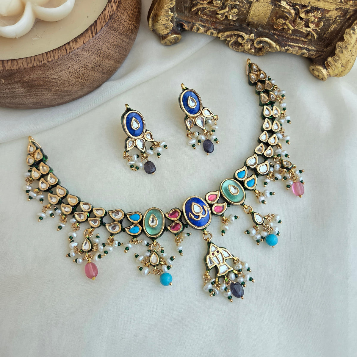 Kundan blue and Firoza necklace set