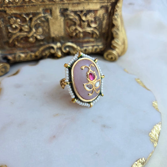 Pink kundan adjustable ring