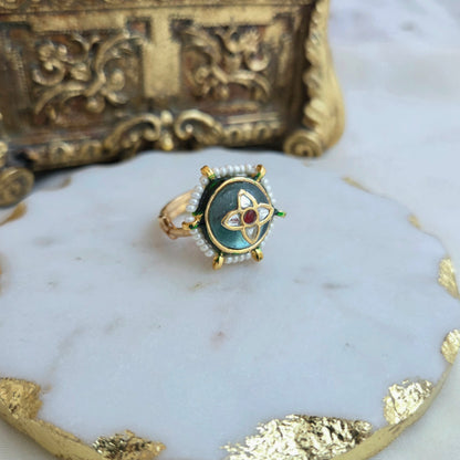 Flourite star kundan adjustable ring