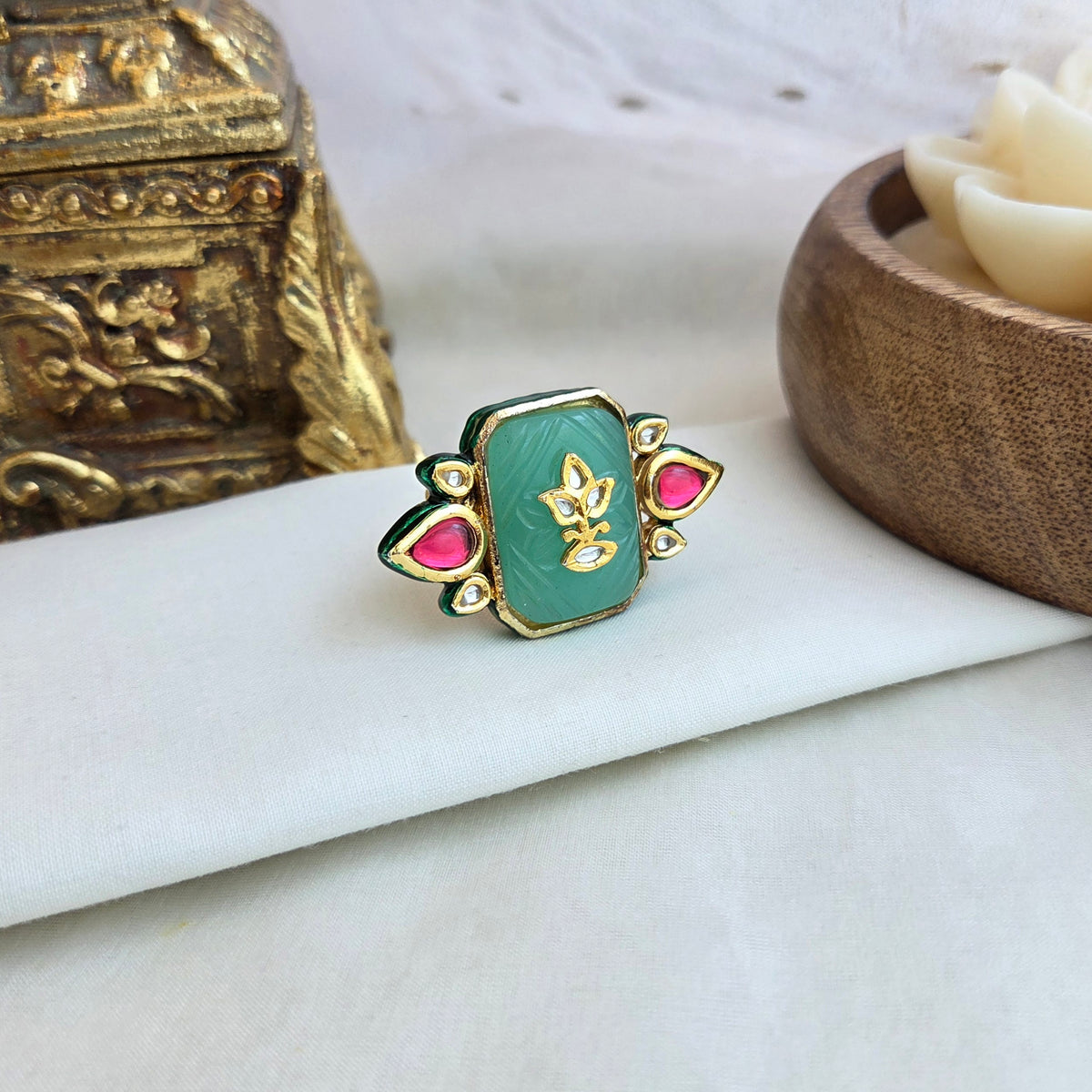 Mint and hot pink kundan ring
