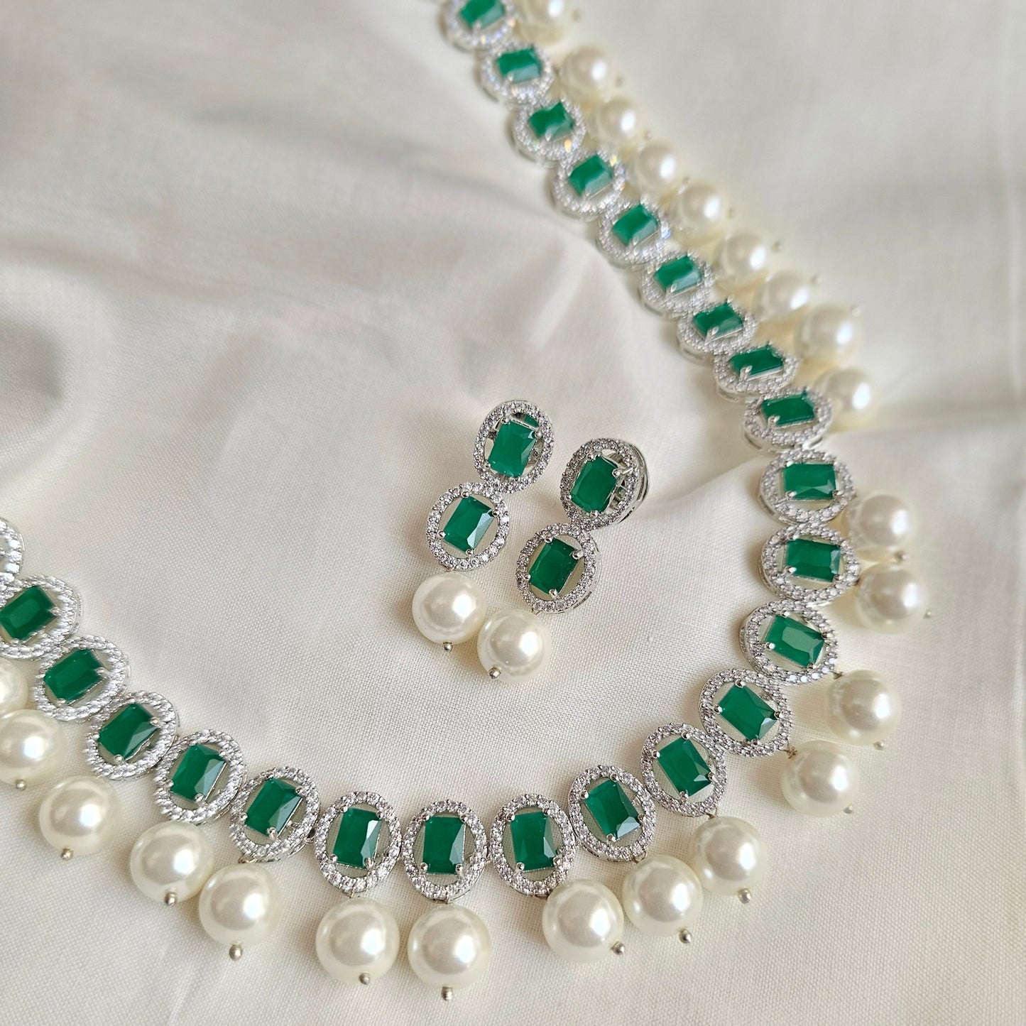 Emerald & Pearl Drop Necklace in Gold-Plated Finish