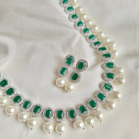 Emerald & Pearl Drop Necklace in Gold-Plated Finish