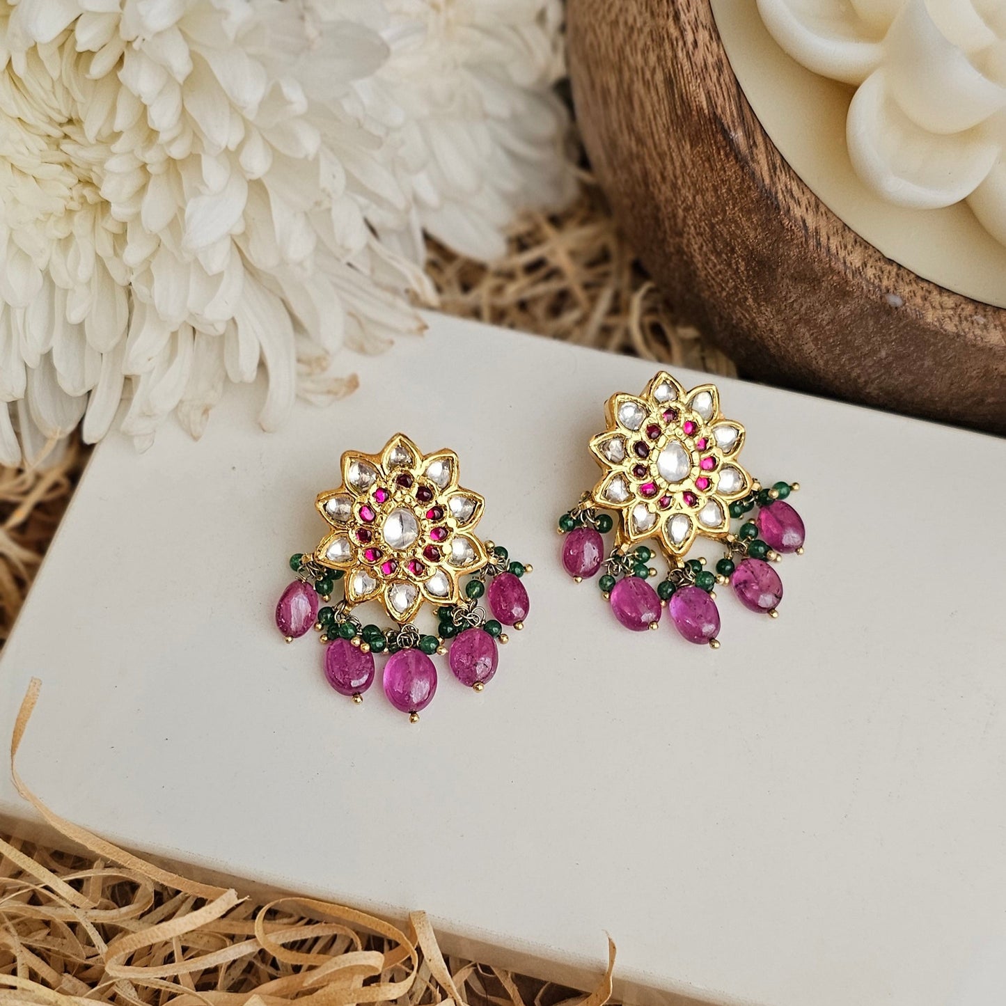 Floral Silver Earrings with Green Beads & Pink Drops