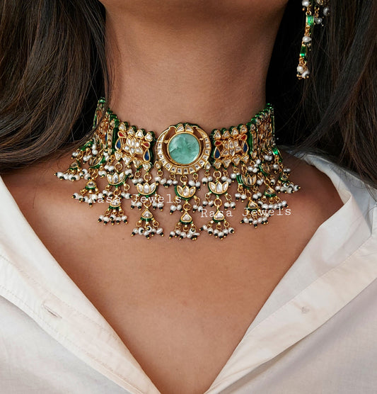 Fluorite Kundan Meena Necklace Set with Freshwater Pearls