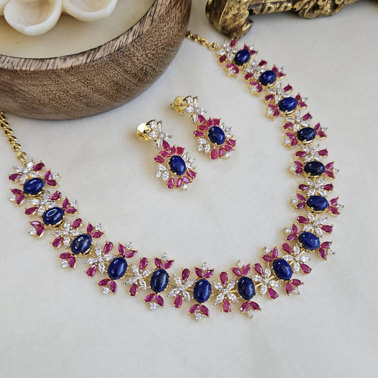 Sapphire and ruby floral necklace set