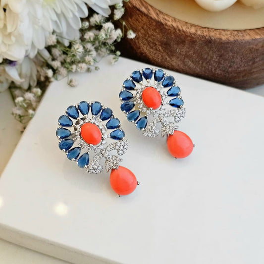 Blue and coral diamond earrings