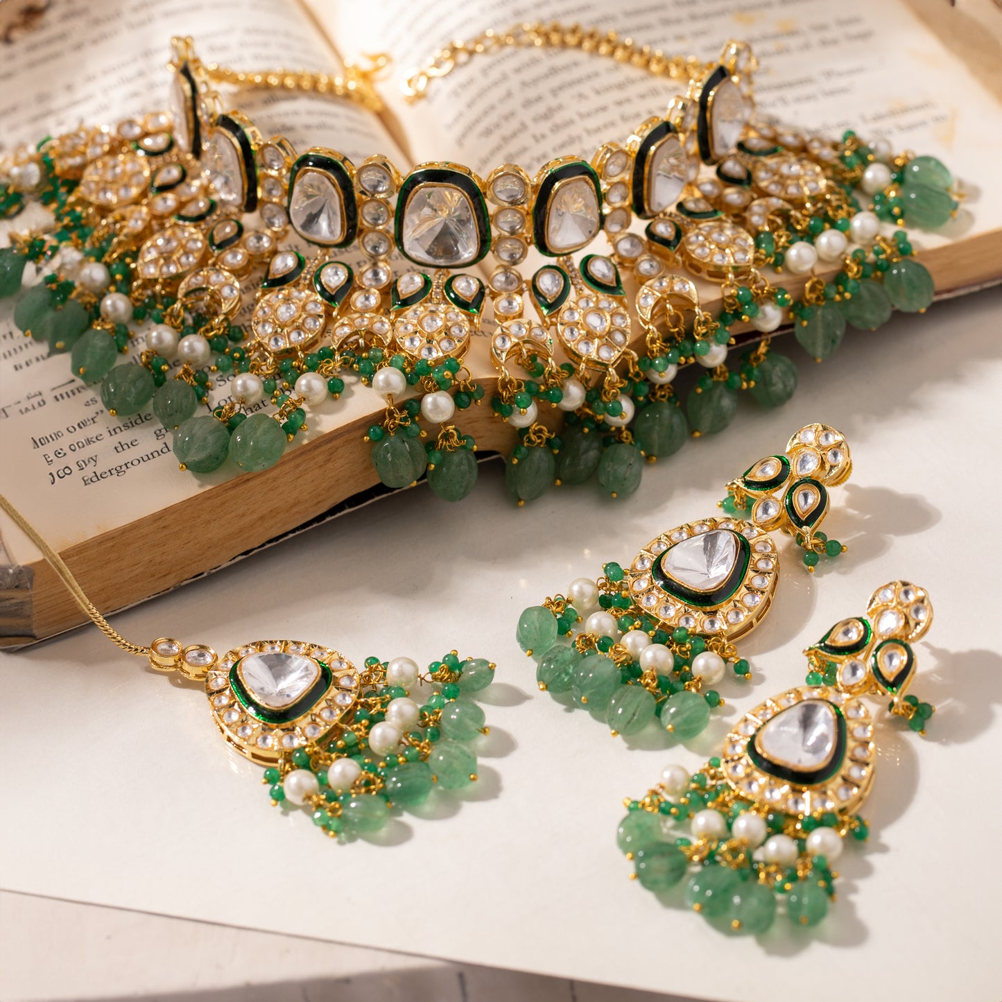 Kundan Polki Choker Necklace with Green Beads & Pearl Drops