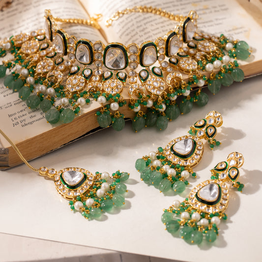 Kundan Polki Choker Necklace with Green Beads & Pearl Drops