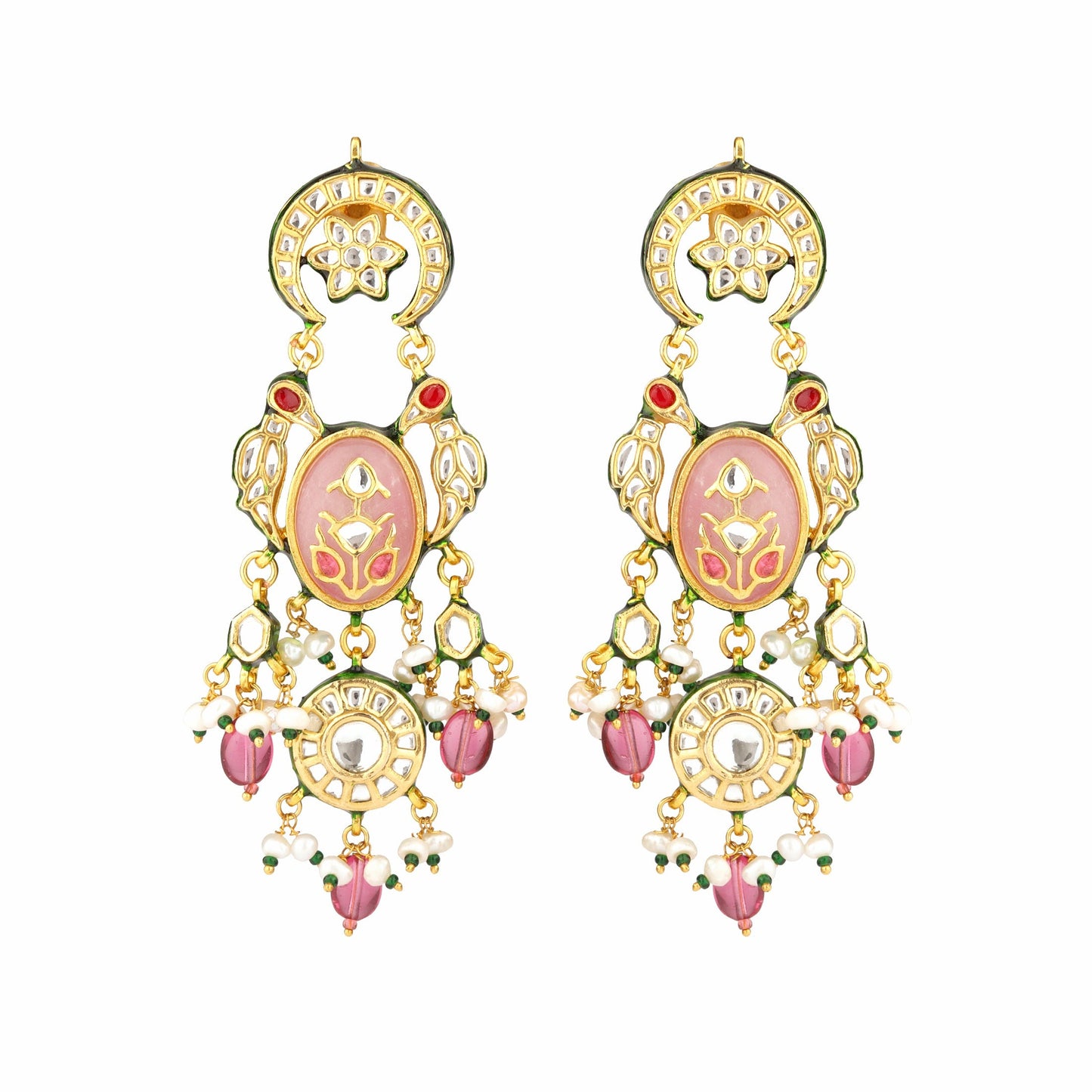 Kundan Rose Quartz Long Earrings in Silver Alloy with 22K Gold Plating