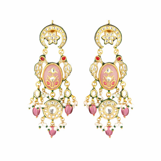 Kundan Rose Quartz Long Earrings in Silver Alloy with 22K Gold Plating