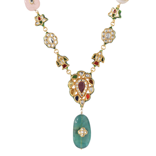 Long Kundan Navratna Necklace with Colorful Gemstones