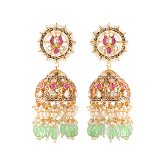 Lotus Kundan Jhumka Earrings with Traditional Detailing