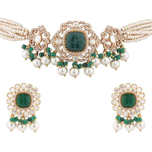 Moissanite Polki Kundan Choker Necklace Set with Earrings