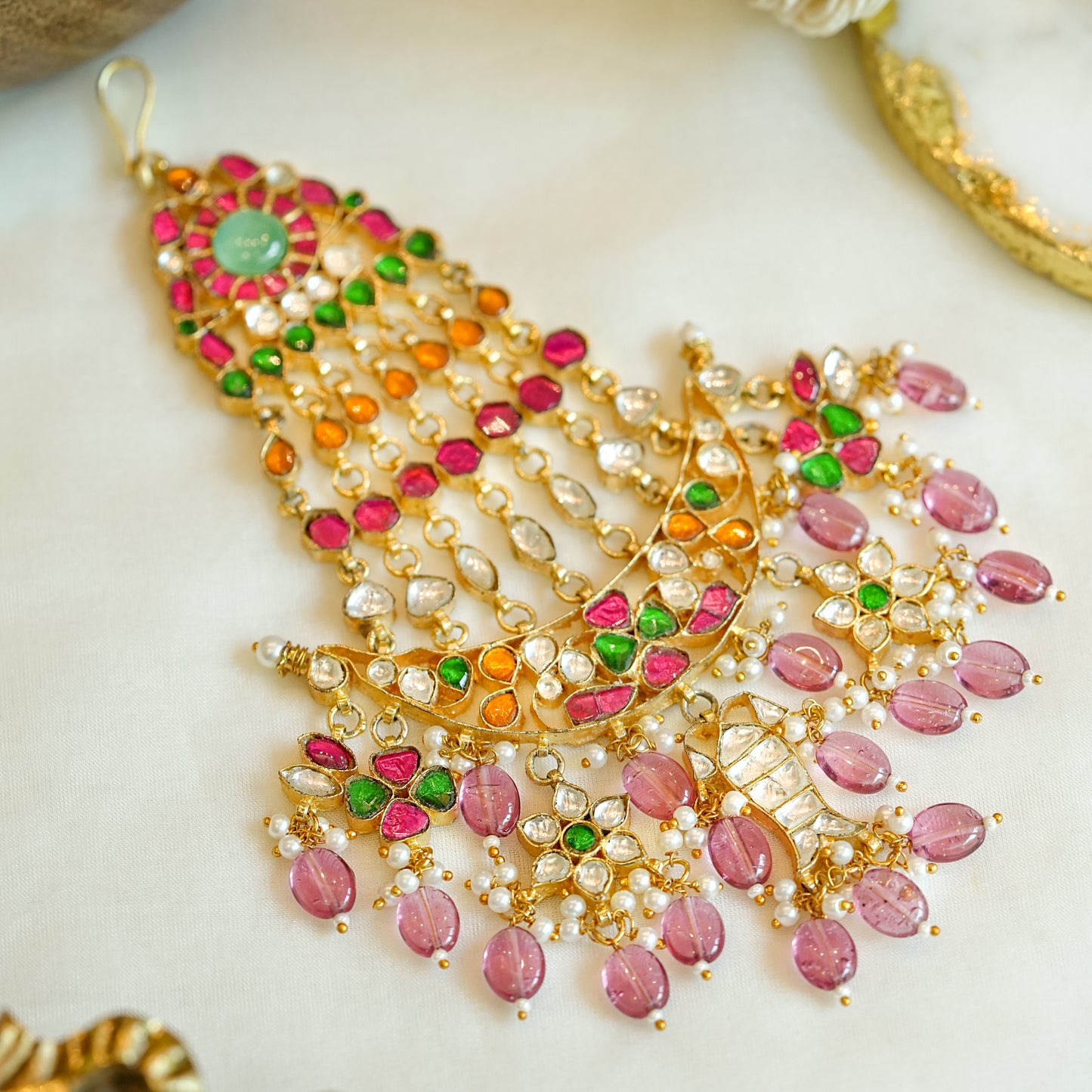Multicolor Gold-Plated Jadau Kundan Necklace Set with Tikka & Passa