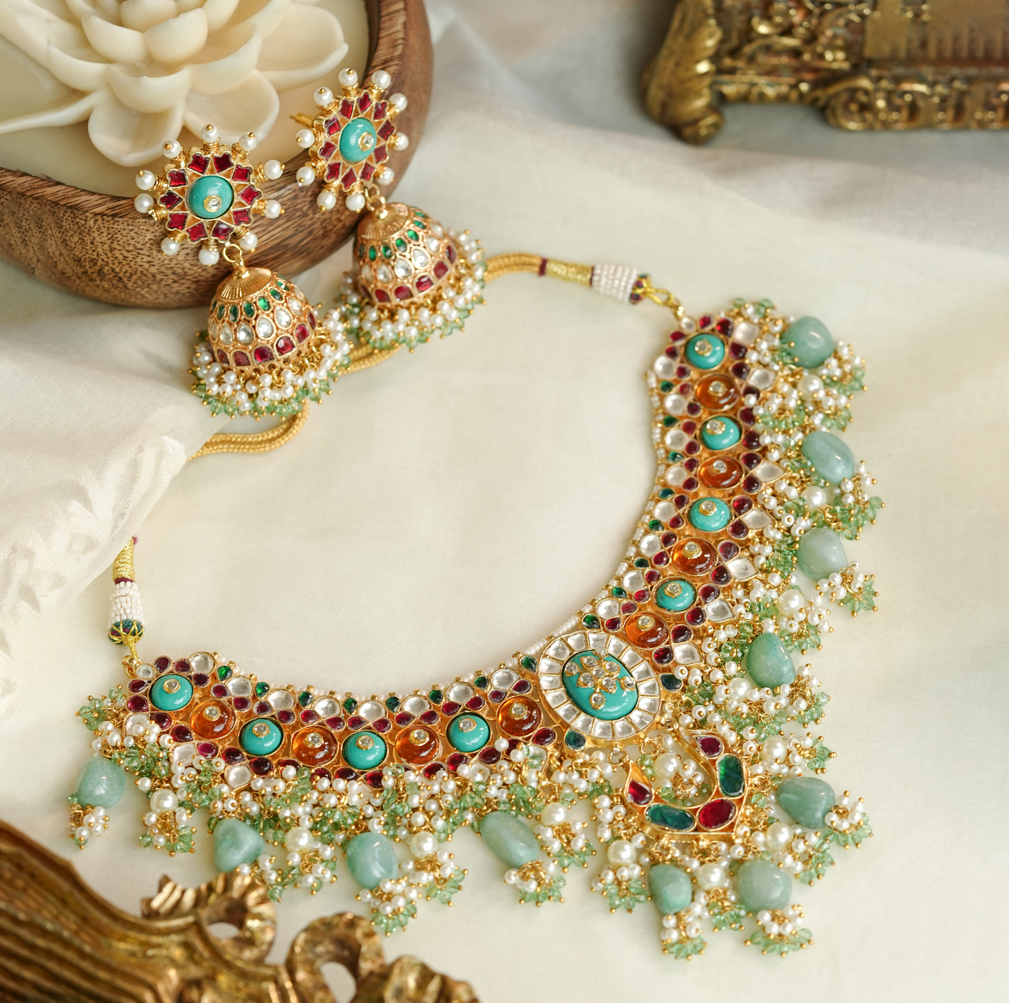 Firoza Multicolored Kundan Necklace Set with Tikka & Nath | RASA Jewels