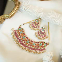 Multicolor Gold-Plated Jadau Kundan Necklace Set with Tikka & Passa
