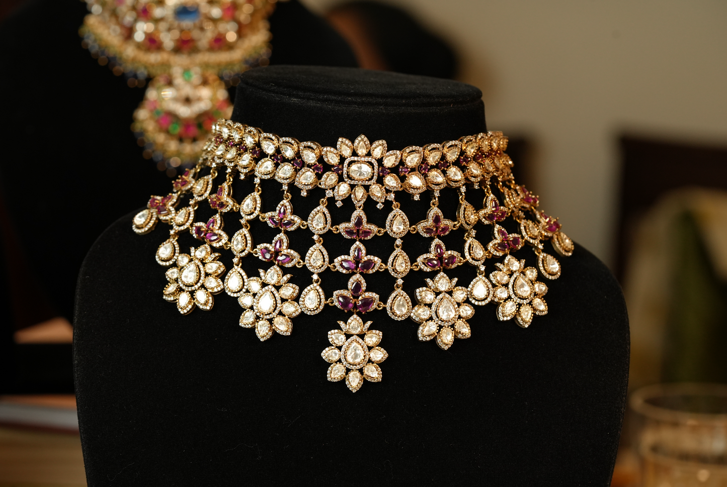 Antique Gold Polki Choker Necklace Set with Tikka