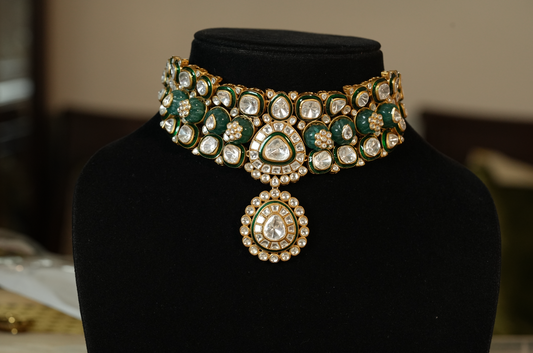 Bridal Polki Choker Necklace Set with Tikka