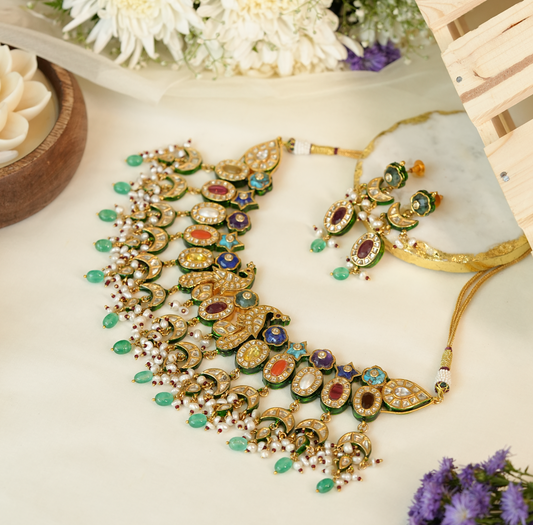 Peacock Navratna Kundan Necklace Set with Matching Earrings