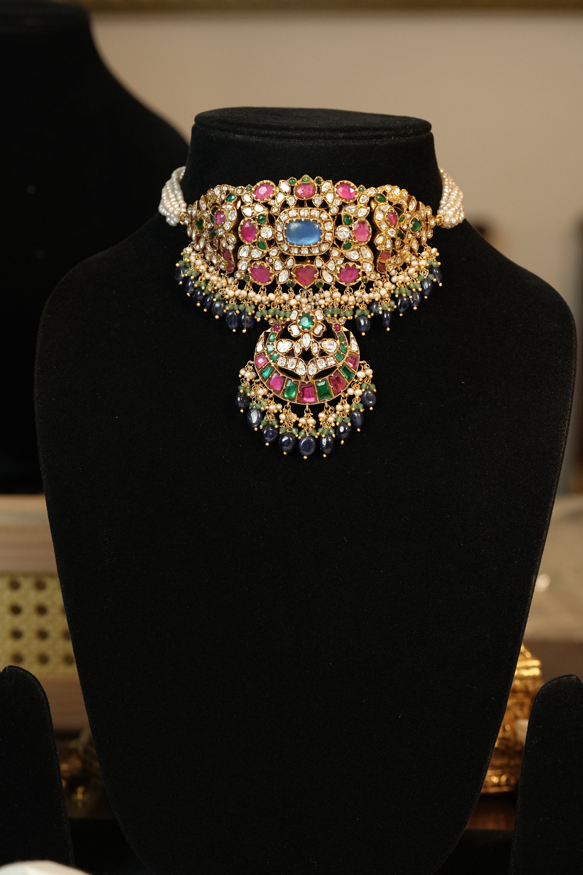 Pure Silver Multicolor Chokhar Necklace Set with Matching Earrings