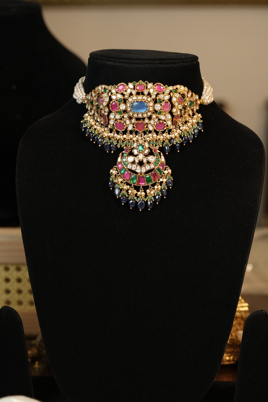 Pure Silver Multicolor Chokhar Necklace Set with Matching Earrings