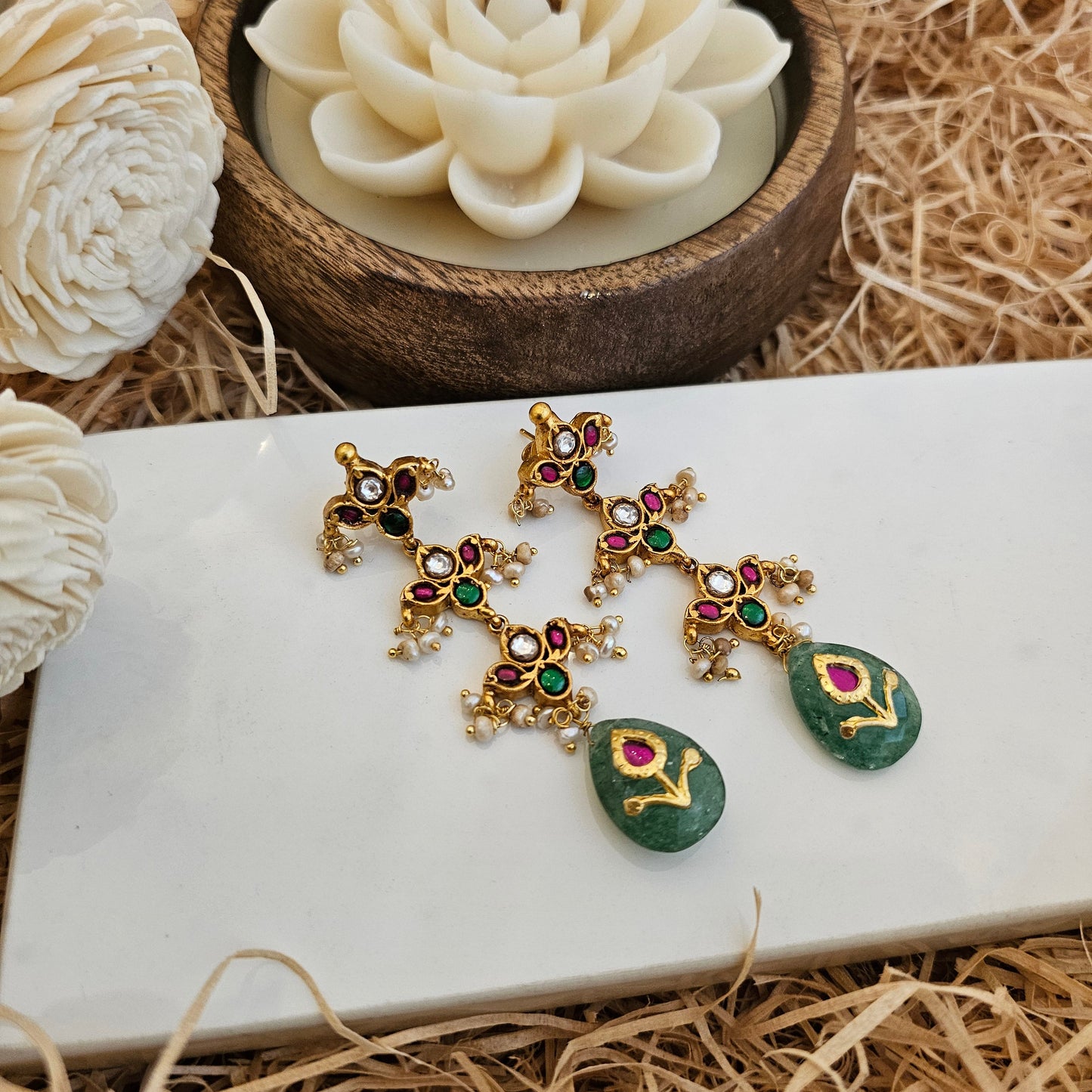 Long Silver Kundan Earrings with 22K Gold Plating