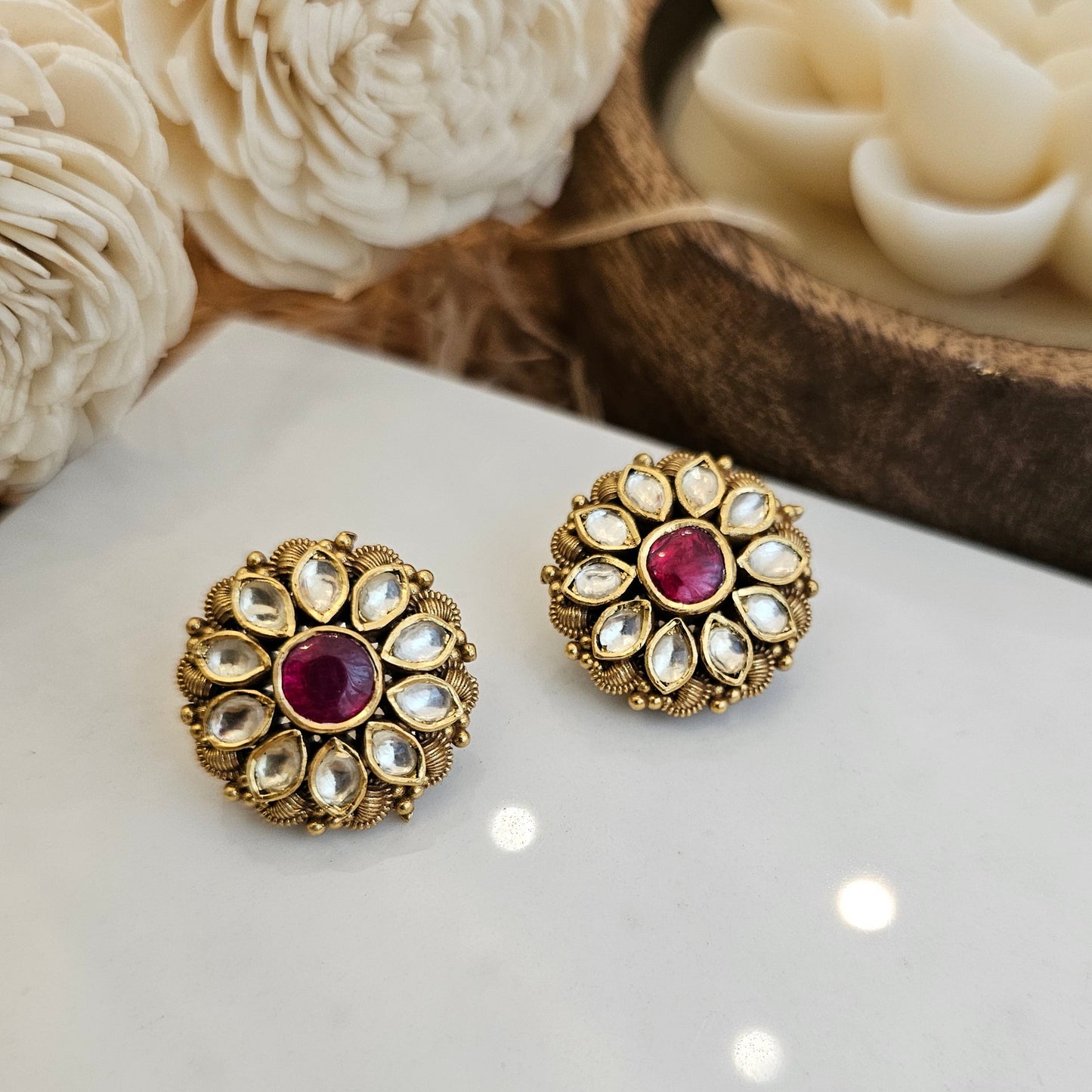 Silver Kundan Ruby Stud Earrings with 22K Gold Plating