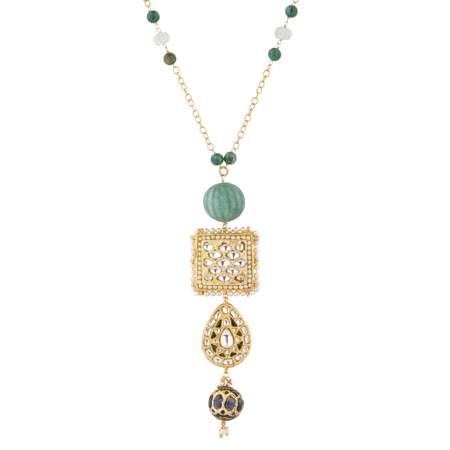 Silver Long Pendant Necklace with Kundan Detailing