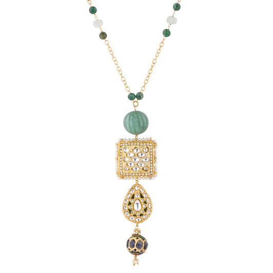 Silver Long Pendant Necklace with Kundan Detailing