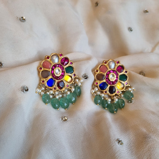 Silver Navratna Stud Earrings with Kundan Detailing