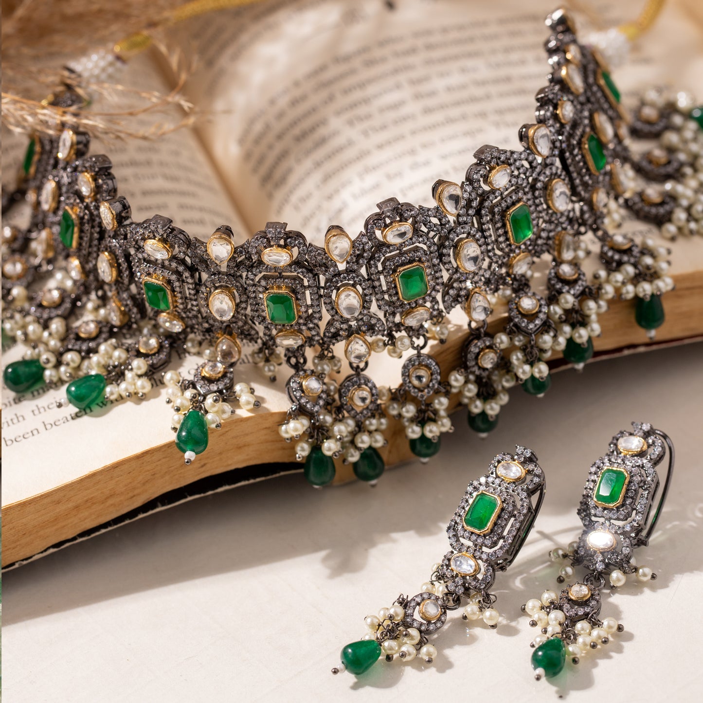 Victorian Antique Finish Polki Choker Necklace Set | RASA Jewels