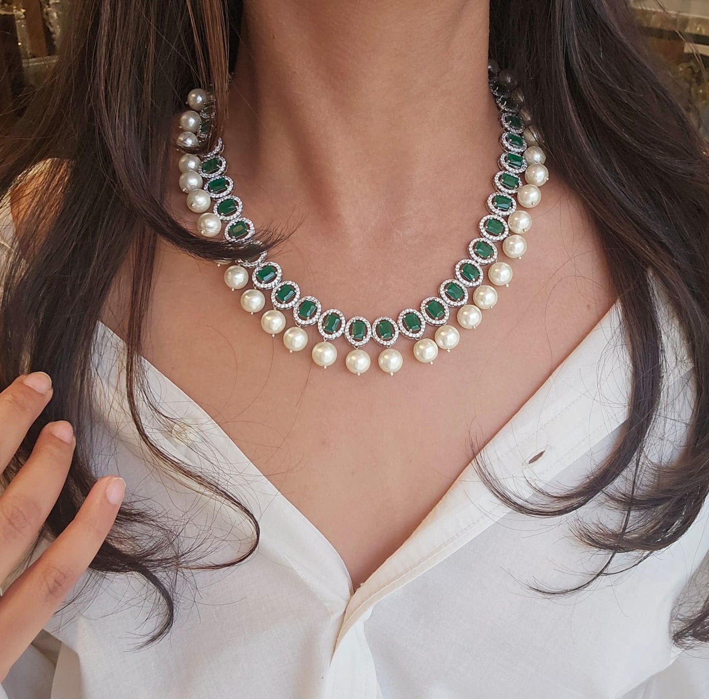 Emerald & Pearl Drop Necklace in Gold-Plated Finish
