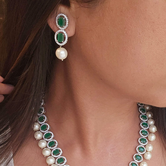 Emerald & Pearl Drop Necklace in Gold-Plated Finish