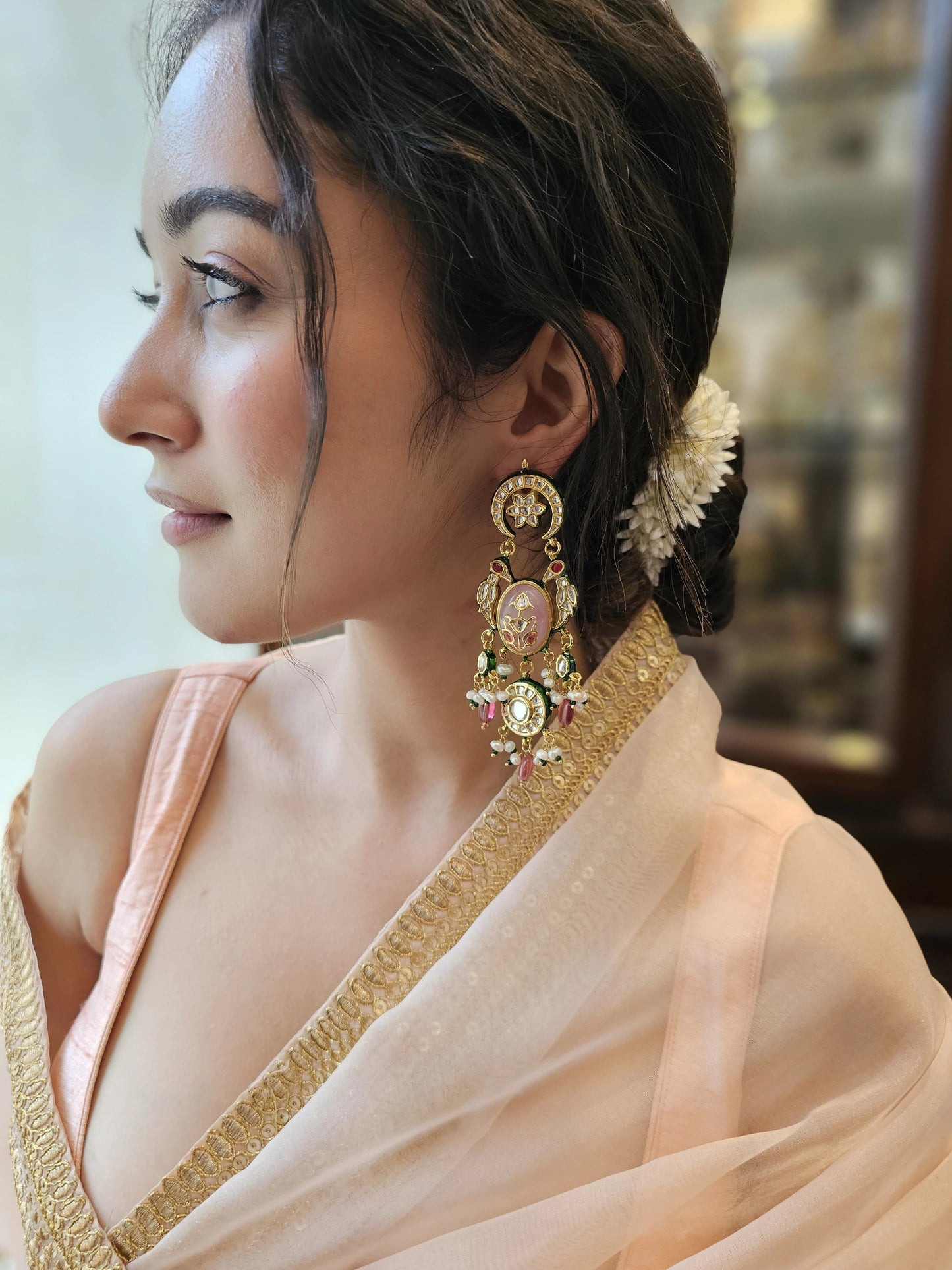 Kundan Rose Quartz Long Earrings in Silver Alloy with 22K Gold Plating