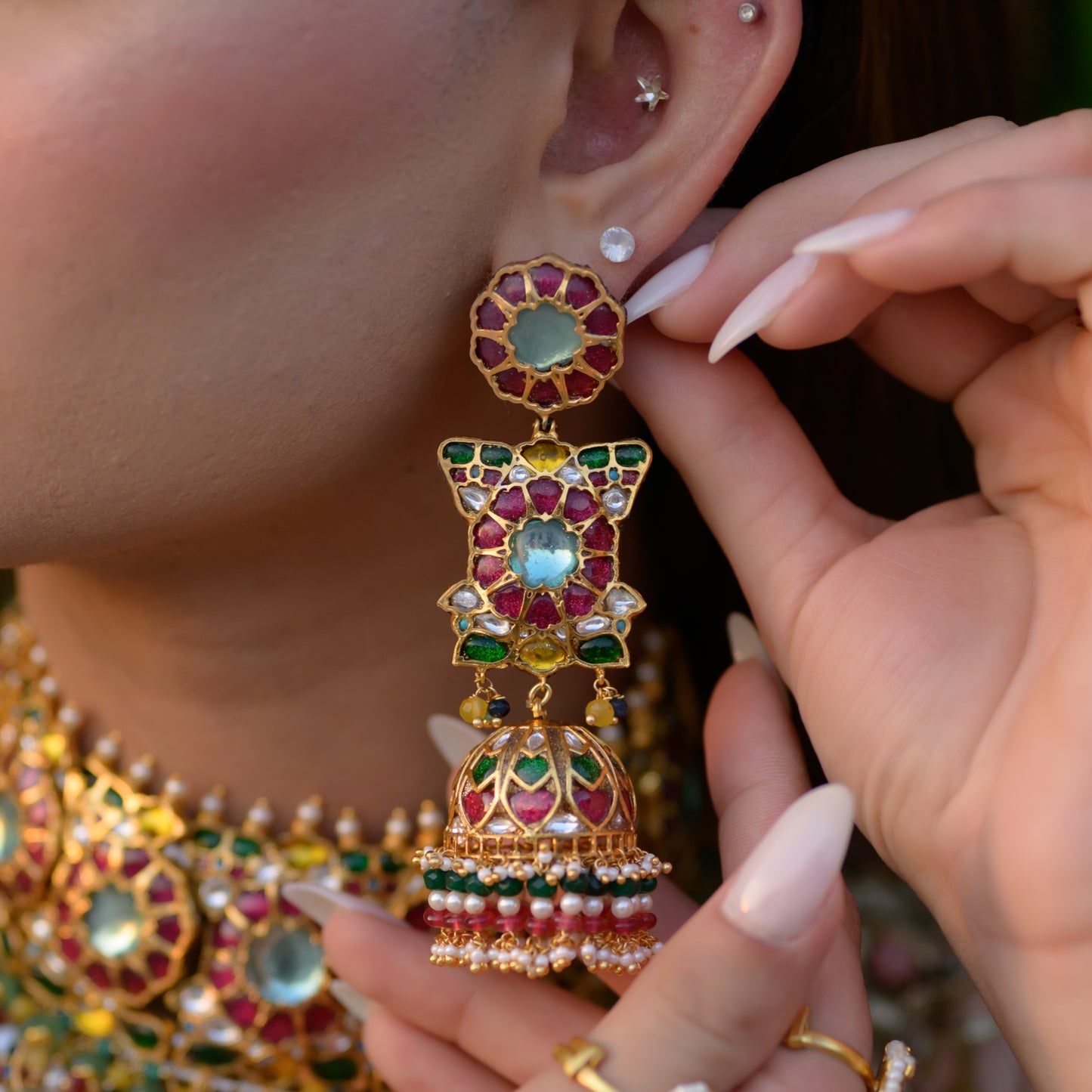 Flourite and ruby jadau kundan necklace set