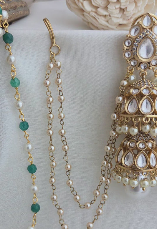 Pearl droplet kundan jhumki with earchains